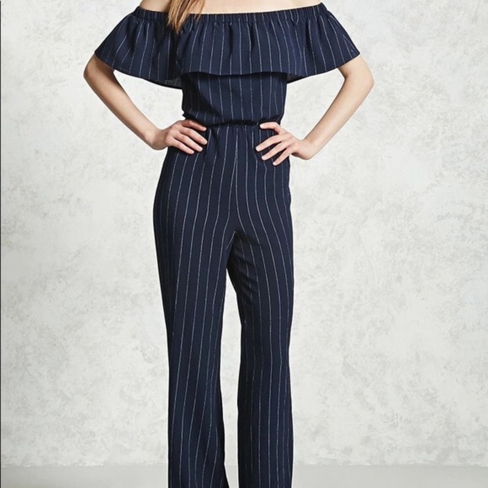 Forever 21 Blue Stripped Ruffle Jumpsuit